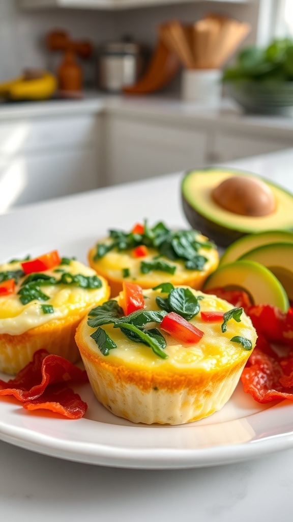 Healthy low carb breakfast with egg muffins, bacon, and avocado on a plate.